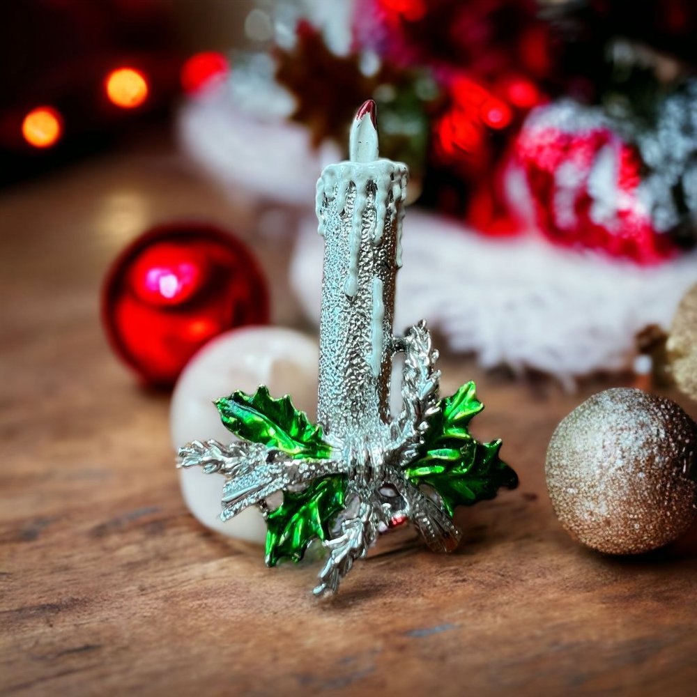 Vintage Gerrys Christmas Candle Pin Brooch Silver Tone Holly 2" tall Signed